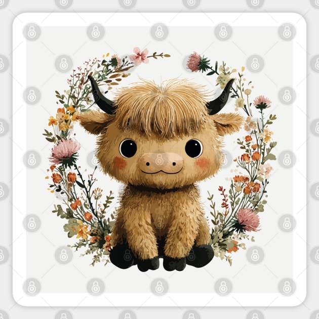 Baby Highland Cow in a Floral Wreath - Farmcore Nursery Art Sticker by TuncGK